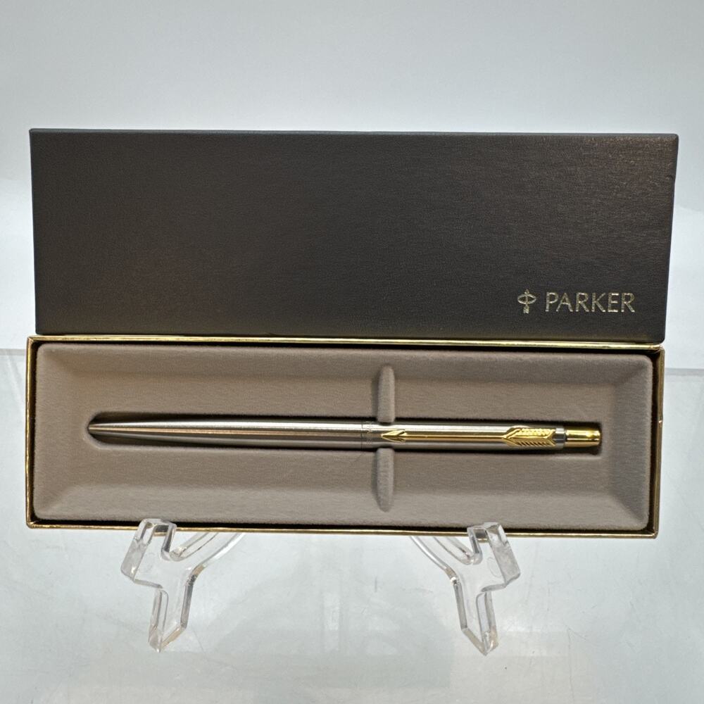 PARKER CLASSIC STAINLESS STEEL BALL POINT PEN WITH GOLD TRIM MADE IN USA